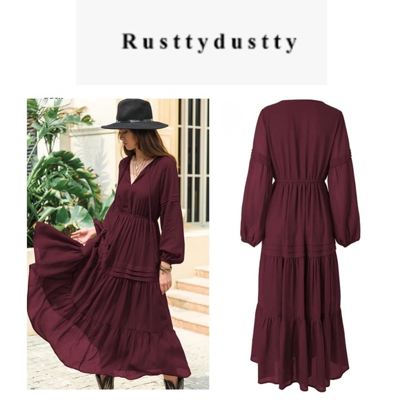 🆕Rusttydustty Bohemian Women Lantern Sleeve Flippy Hem Dress Burgundy L🆕 - Picture 1 of 10